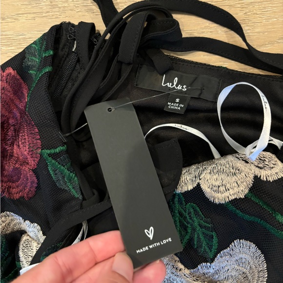 LuLus True to Heart Black Floral Embroidered Maxi Dress Rose ruffle gown Small - Picture 13 of 15